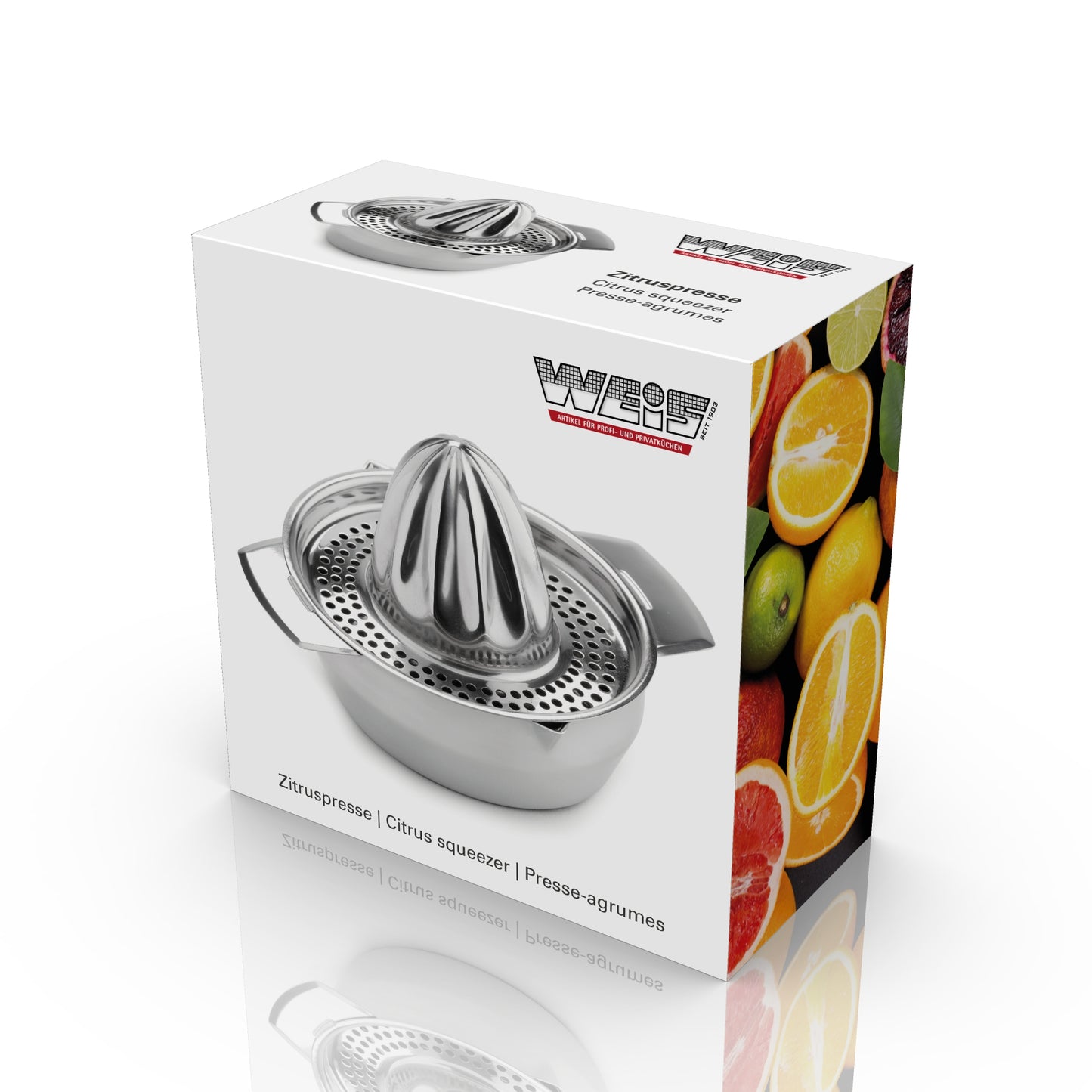 Karl Weis citruspers roestvrij staal 350ml geschenkdoos met citrusvruchten afbeelding