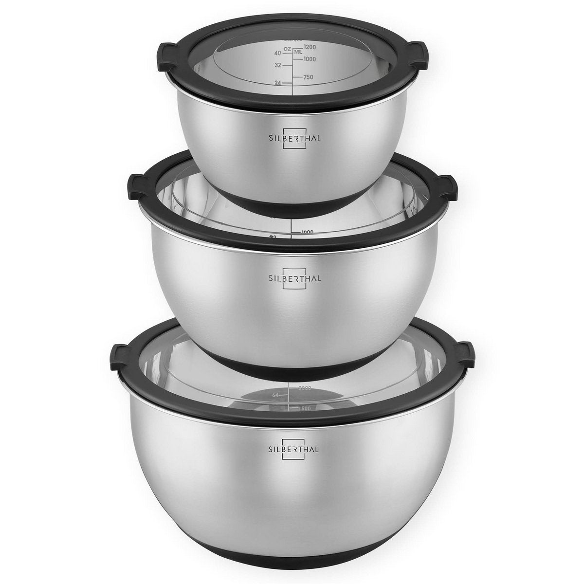 Silberthal RVS kommen set 3 stuks met lekvrije deksels voor salade mengen en serveren