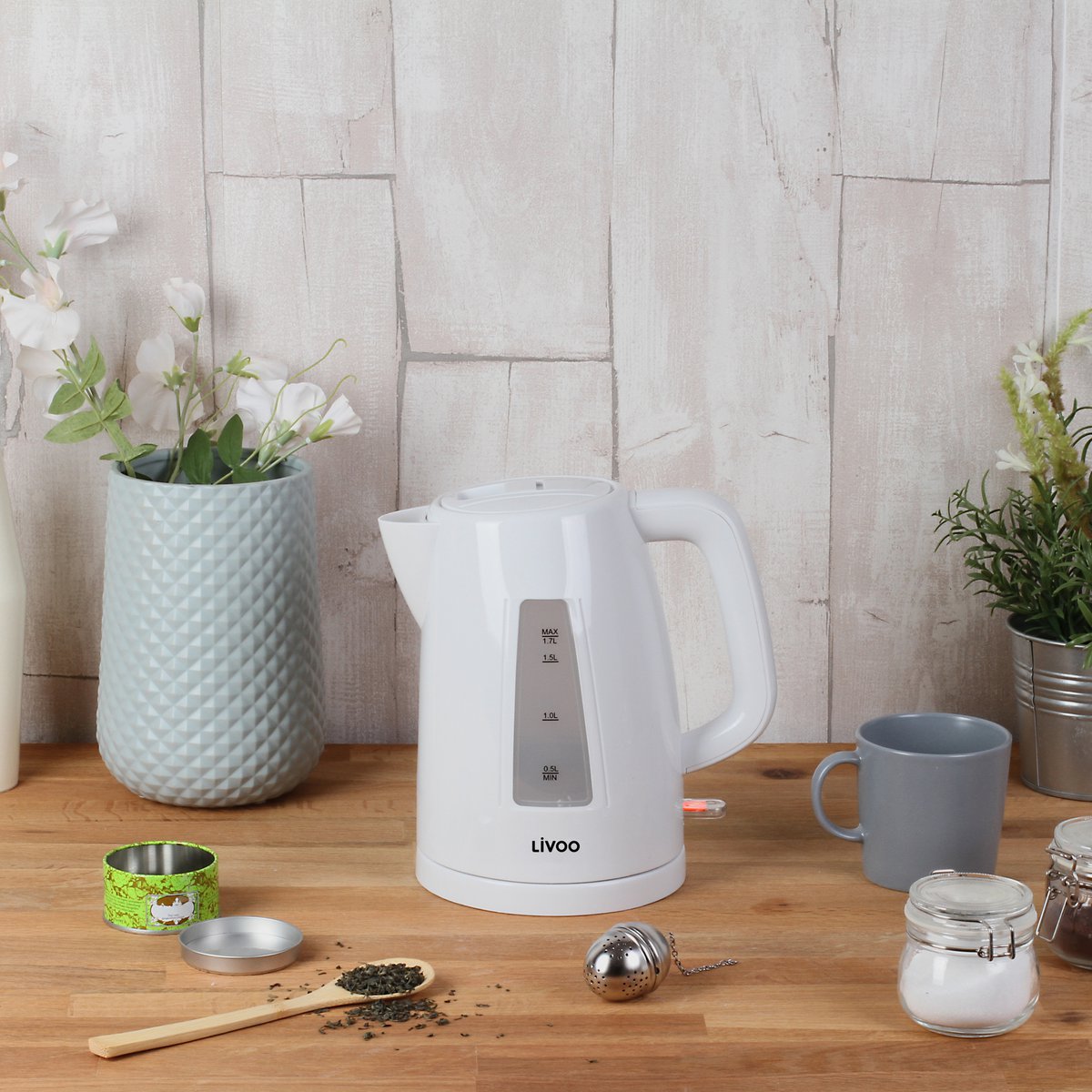 Livoo witte waterkoker zijaanzicht met waterniveau-indicator