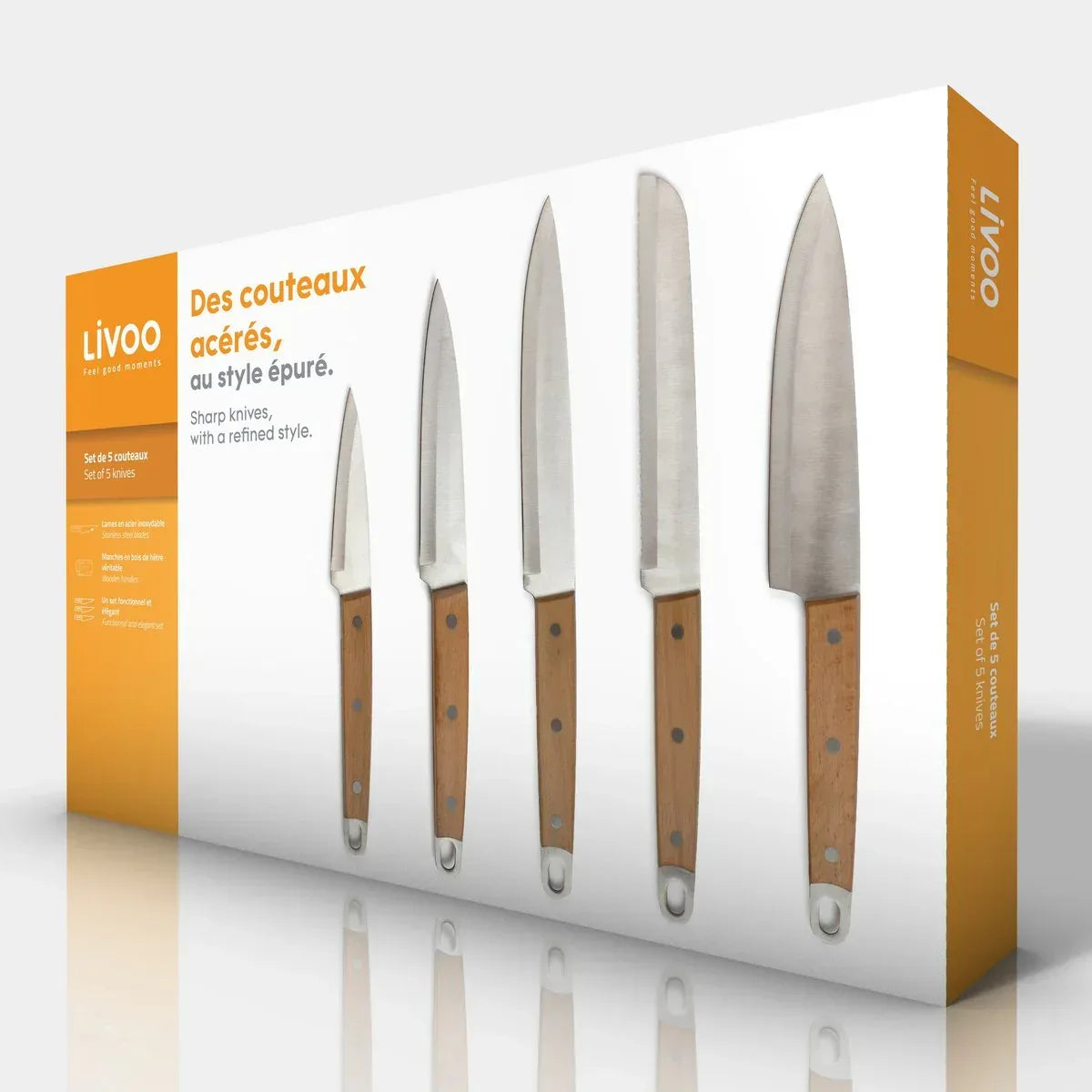 Messenset Livoo Guy129 5-delig RVS | Beukenhout Handvat | Koksmes Broodmes - Dahomy.nl