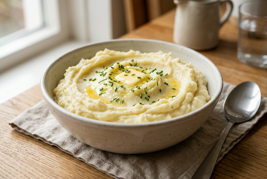 Romige aardappelpuree met boter en bieslook in een keramische schaal op een houten tafel