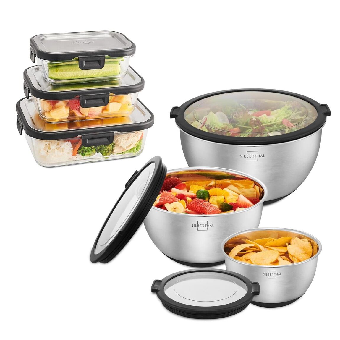Voedselopberg set glas en RVS met deksels gevuld groenten fruit bewaarboxen Silberthal