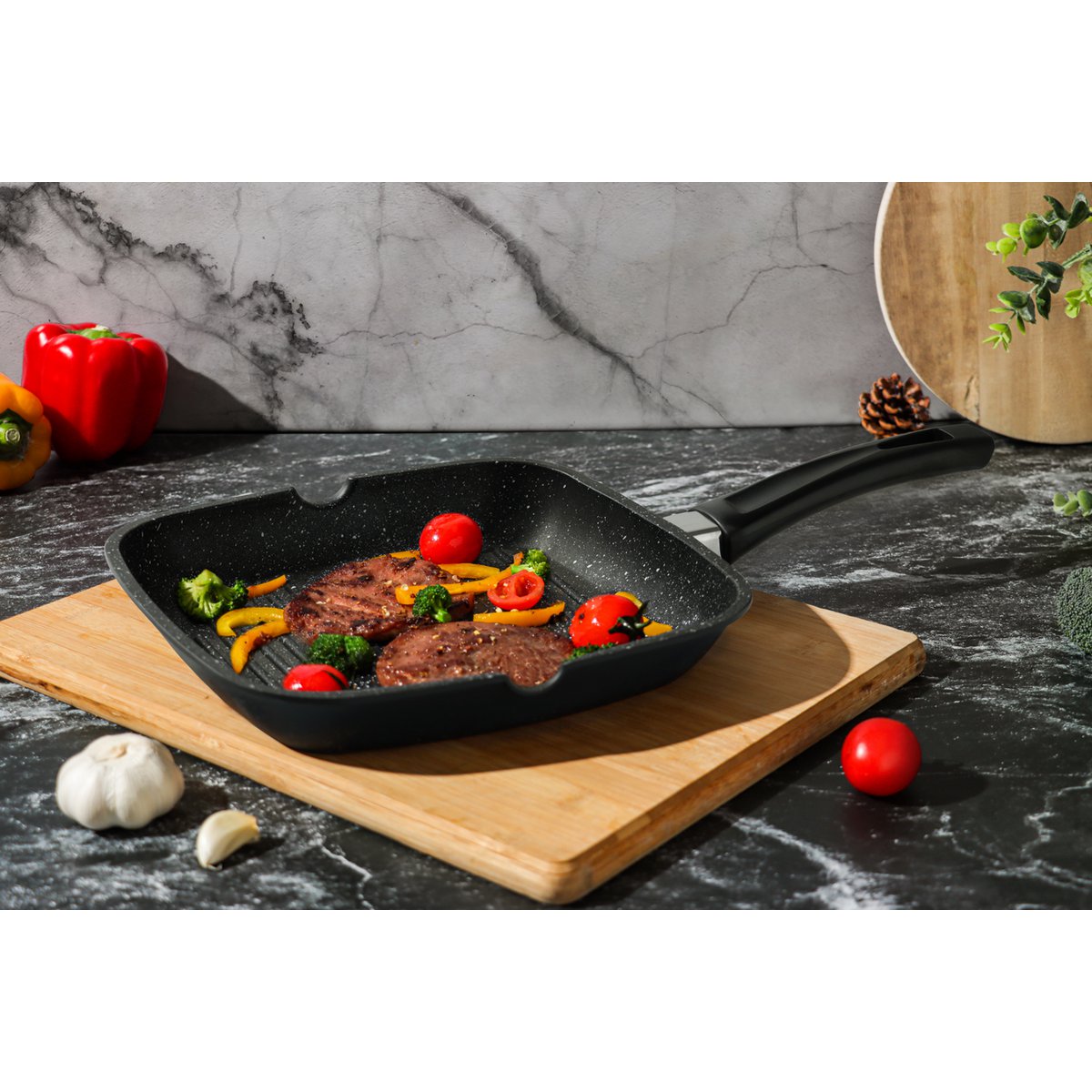 Grillpan 28cm anti-aanbaklaag met gegrild vlees en groenten Swiss Pro+