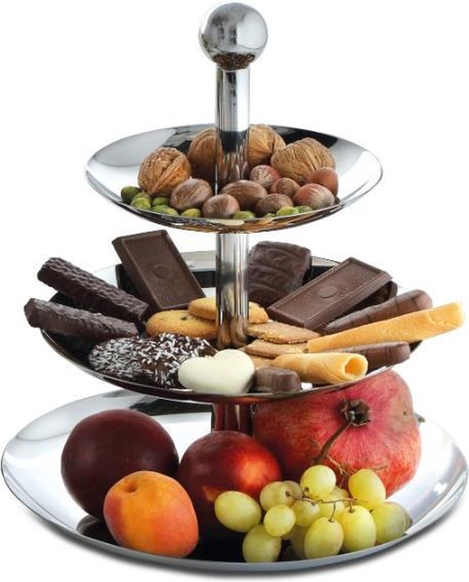 Etagere 3-laags RVS serveerstandaard met fruit koekjes chocolade Karl Weis