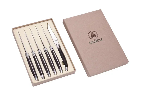Laguiole steakmessen set van 6 hoogwaardige zwart EBONY handvat RVS lemmet in luxe geschenkdoos