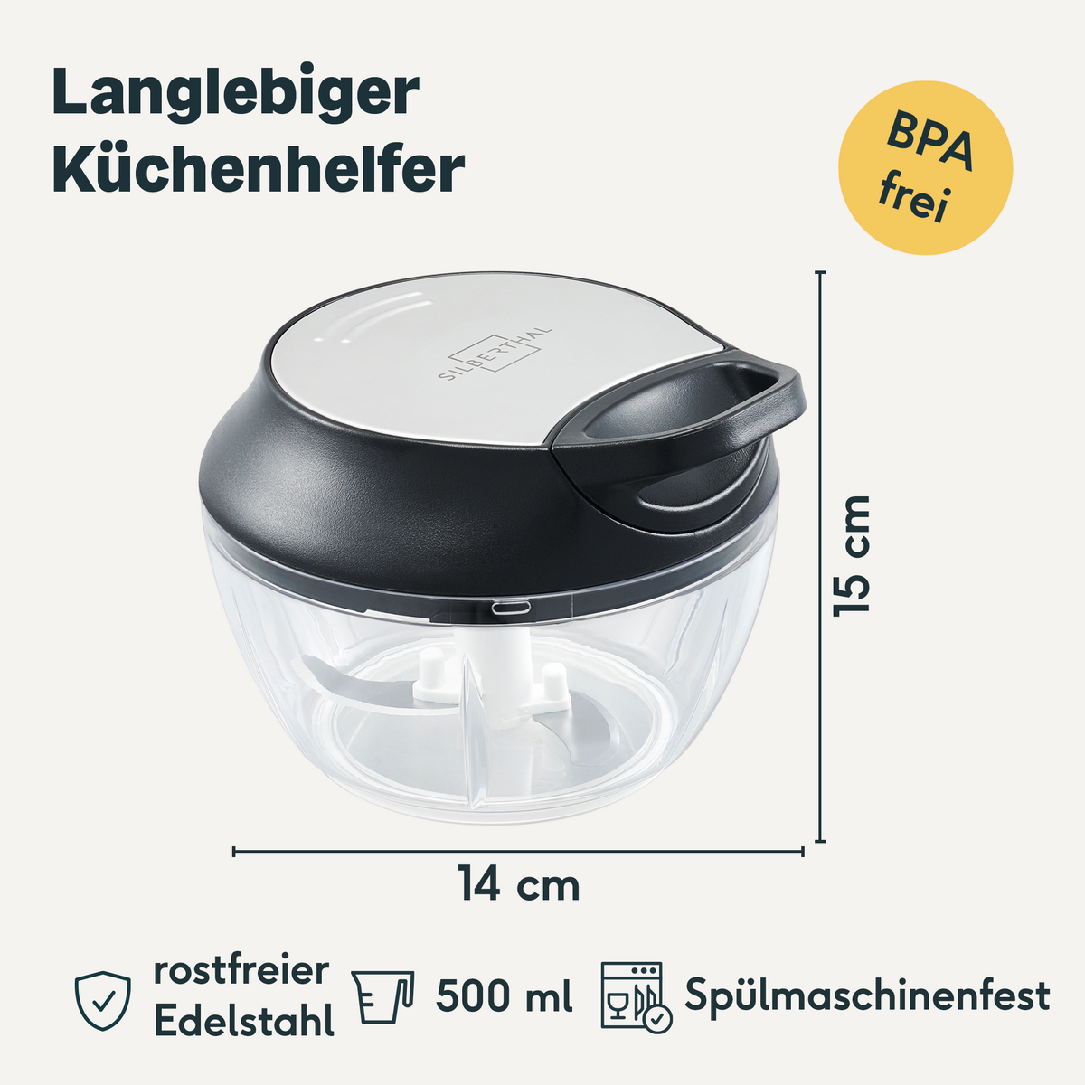 Handmatige hakmolen Silberthal met mengopzetstuk voor eieren en room kloppen - BPA-vrij - afmetingen
 