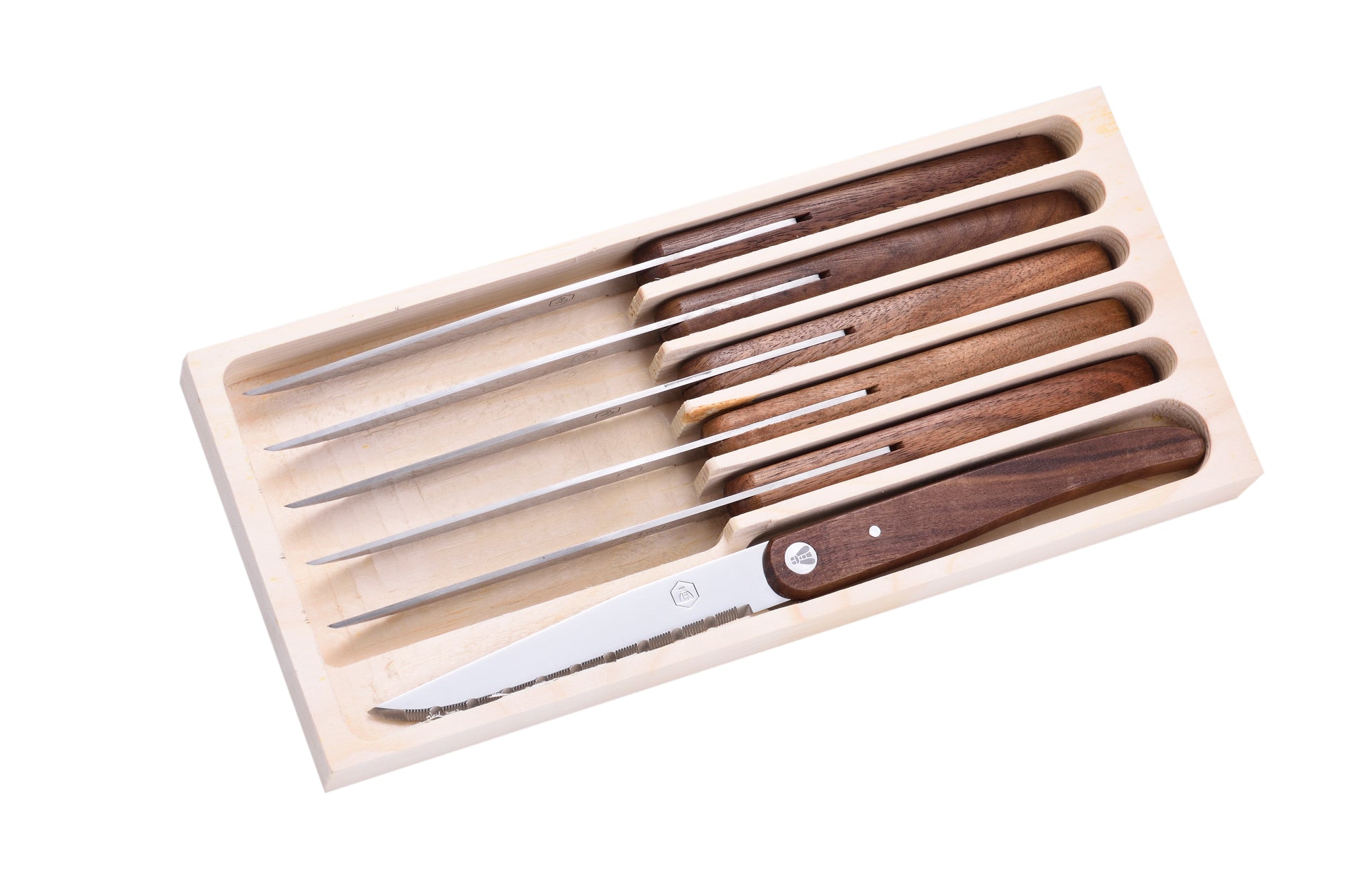 LAGUIOLE steakmessen set 6 stuks walnoot hout met houten standaard
