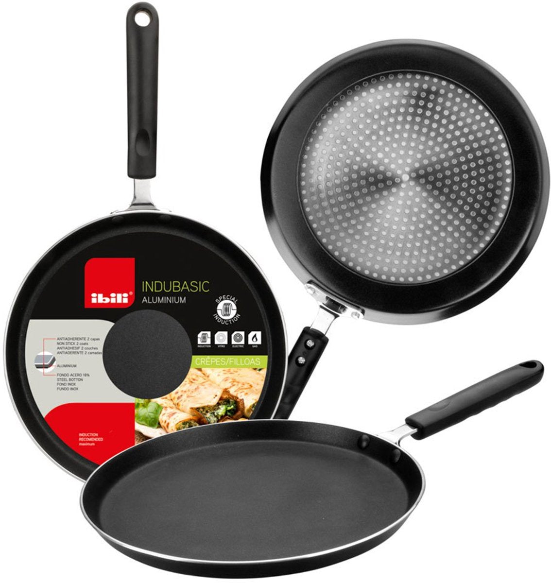 Ibili pannenkoekenpan 28 cm voor inductie, met zwart bakoppervlak en handvat, afgebeeld van boven, onder en opzij

