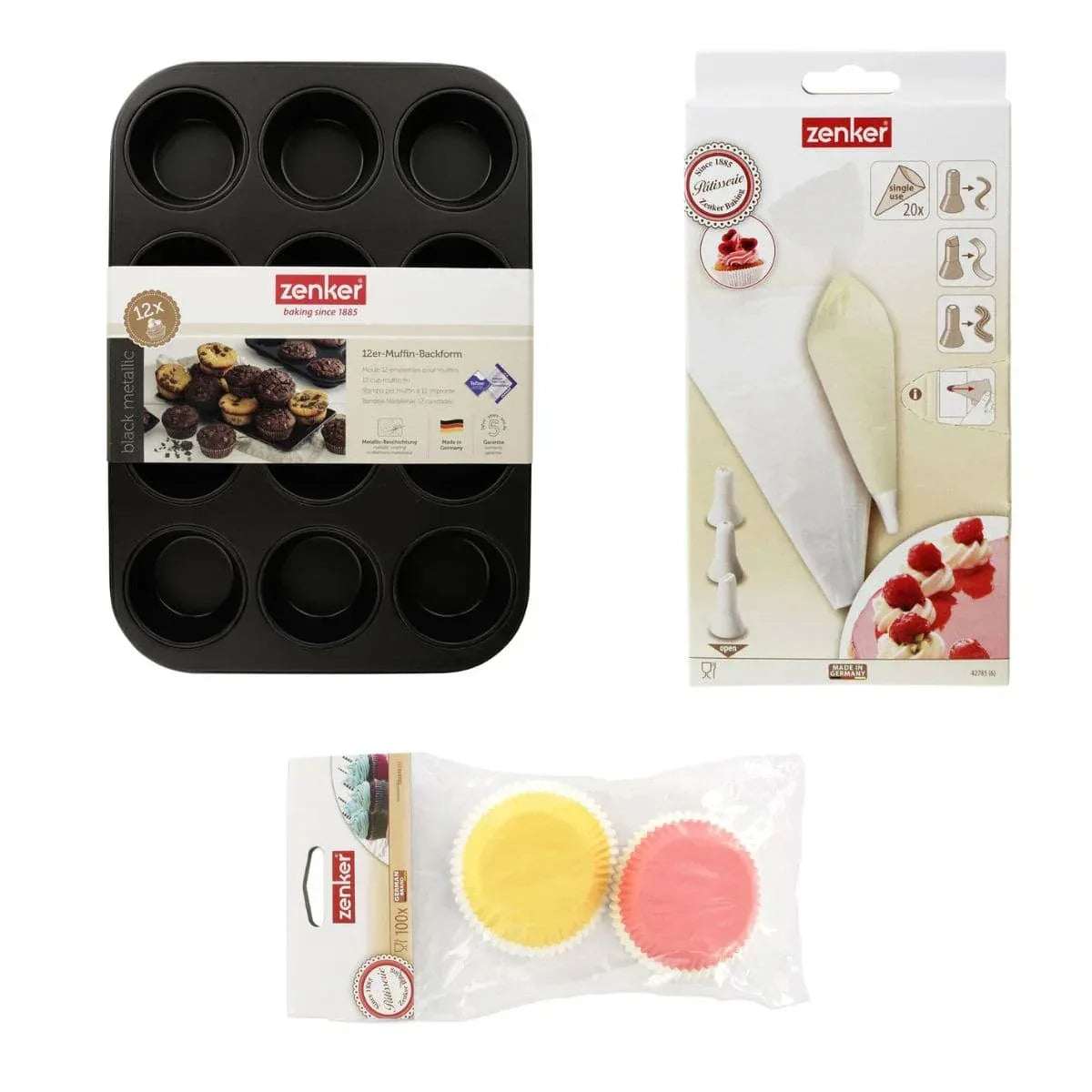 Muffinset Zenker 3-delig | 12 Holtes Vorm + Vormpjes + Spuitzakken - Dahomy.nl