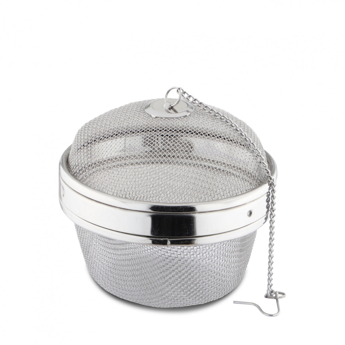 Karl Weis grote RVS kruidenbal diameter 10cm bajonetsluiting met ketting bovenaanzicht

