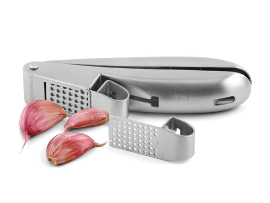Karl Weis knoflookpers roestvrij staal 2-in-1 met fijn en grof inzetstuk 16,5 cm geschenkdoos.