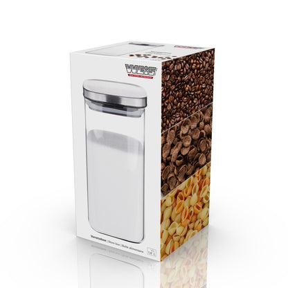 Bewaarcontainer borosilicaatglas 1200ml detail deksel met RVS en siliconen afsluiting in verpakking
