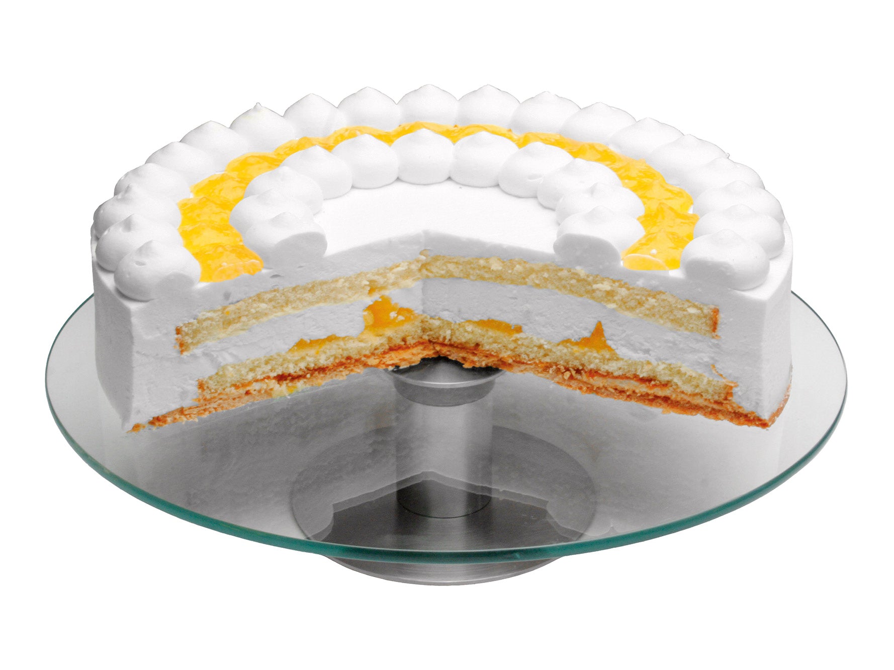 Karl Weis taartplateau draaibaar roestvrij staal met glazen draaiplateau detail
