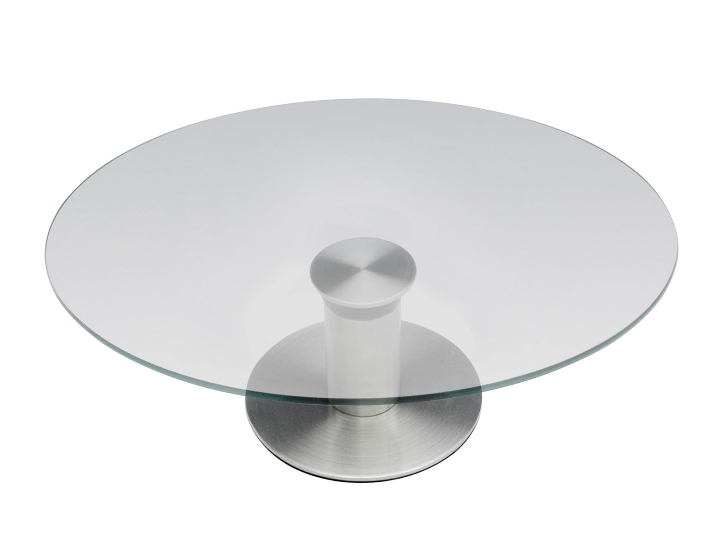 Draaiende taartstandaard 30cm zijaanzicht RVS basis met glas
