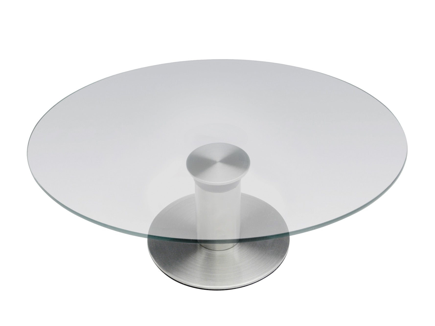 Draaiende taartstandaard 30cm zijaanzicht RVS basis met glas
