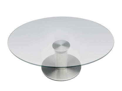Draaiende taartstandaard 30cm zijaanzicht RVS basis met glas
