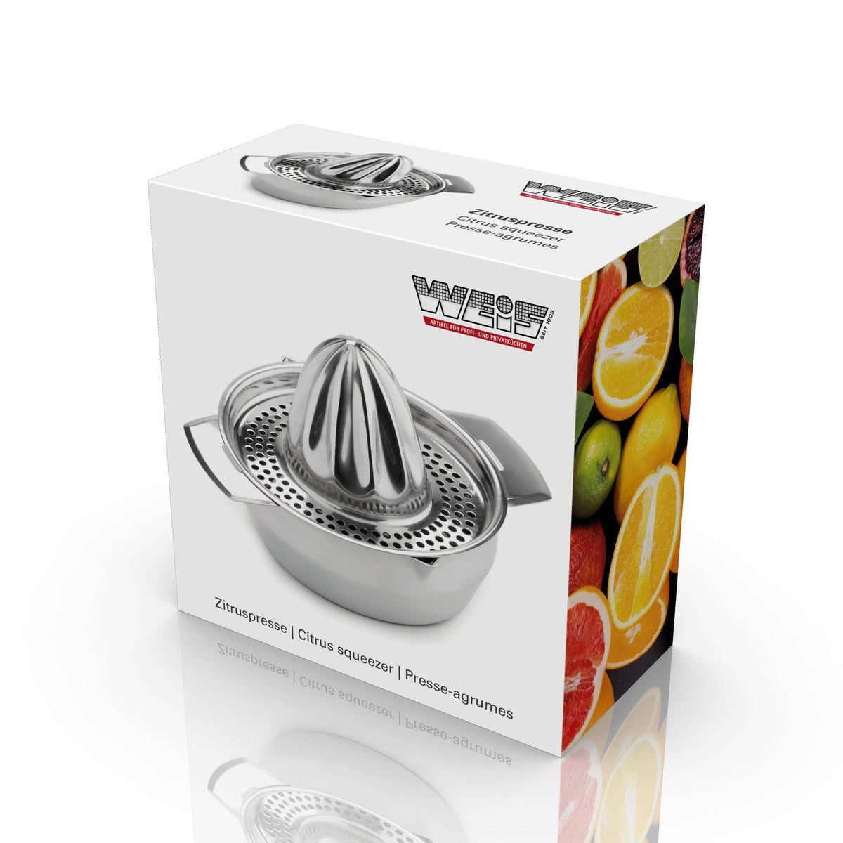 Karl Weis citruspers roestvrij staal 350ml geschenkdoos met citrusvruchten afbeelding