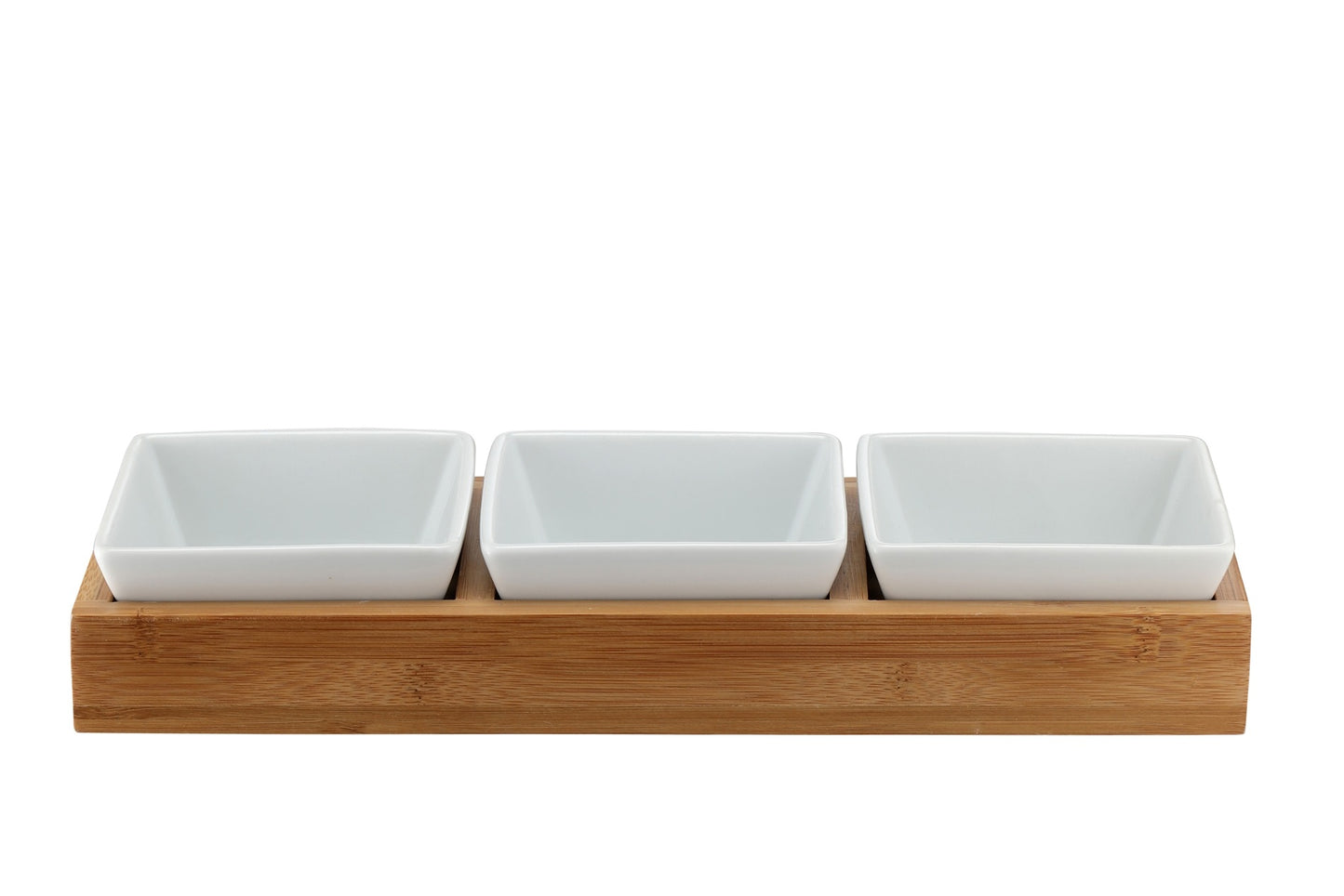 Karl Weis serveerset detail witte porseleinen kommen op natuurlijk houten dienblad - elegant serveren tapas en hapjes
