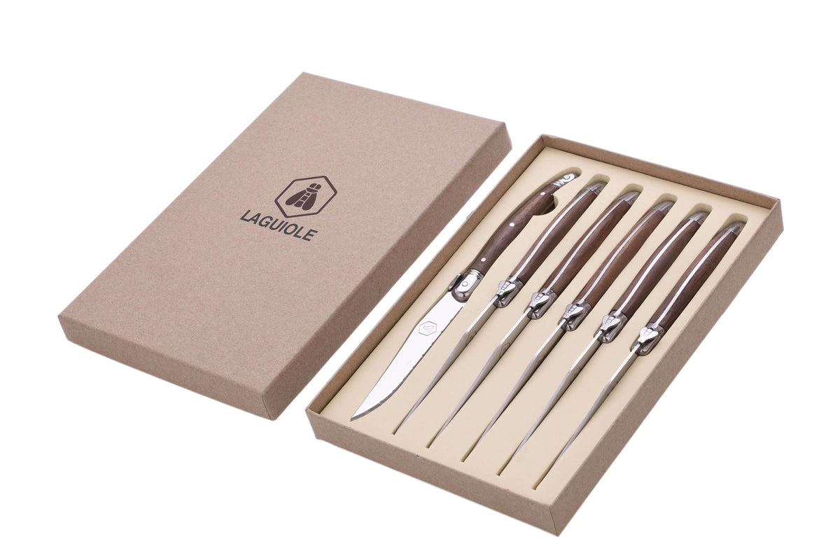 Steakmessen Laguiole 6 Stuks | Walnoot Handvat | Gekarteld - Dahomy.nl