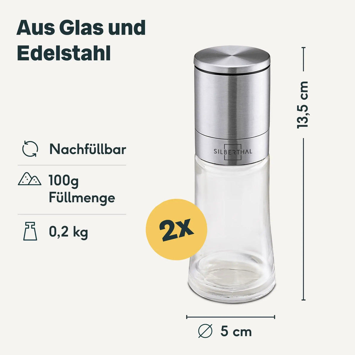 Afmetingen van de Silberthal zout- en pepermolen van glas en RVS
