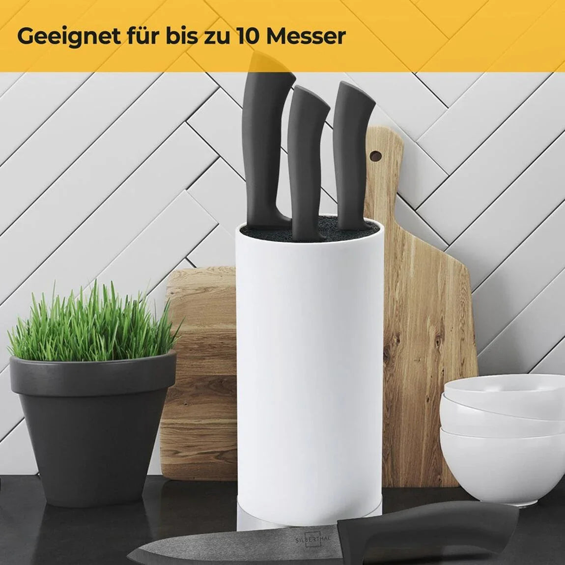 Wit Universeel Messenblok, gevuld met borstelharen voor veilige opberging van maximaal 10 messen.