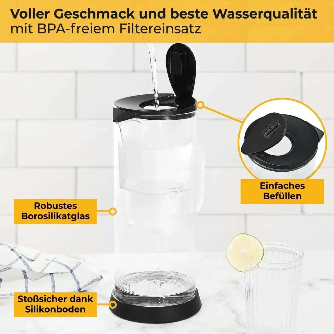 Waterfilterkan Glas 2,7L Silberthal | 3 Filters | BPA-Vrij - Dahomy.nl