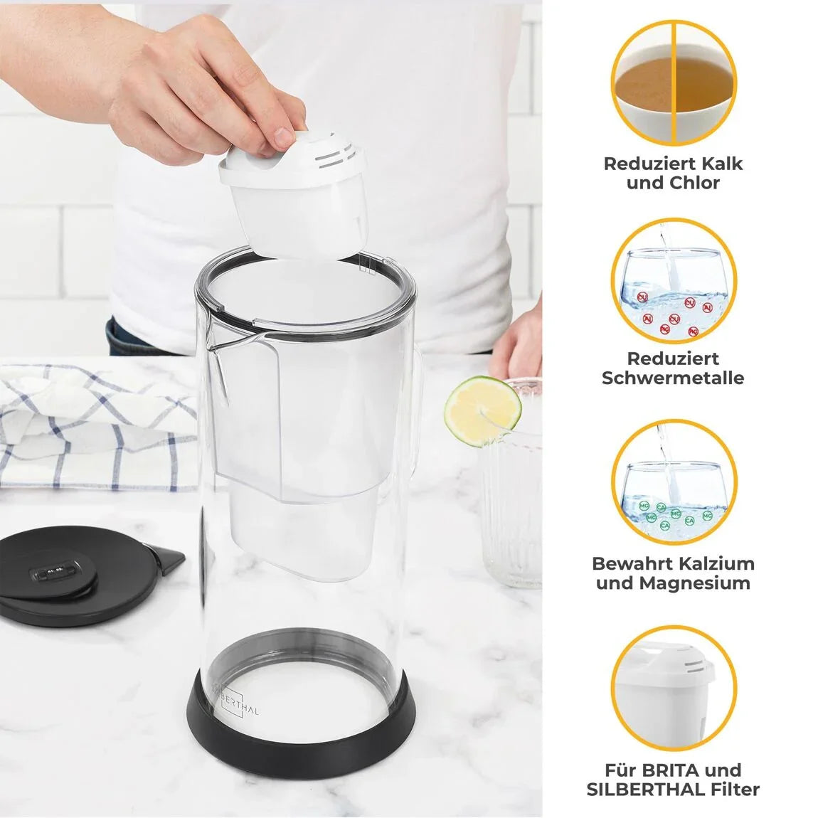 Glazen Filterkan van 2,7 liter, ideaal voor smakelijk en gezond drinkwater. Verminder verontreinigingen zoals chloor en calcium met onze BPA-vrije filterpatronen.