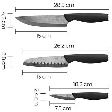 Drie Silberthal keramische messen met lemmetlengtes van 15 cm, 13 cm en 7,5 cm en bijbehorende afmetingen
