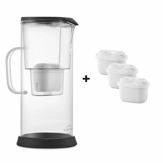 SILBERTHAL glazen waterfilterkan 2,7 liter met filter voor gezond drinkwater met drie fiterpatronen