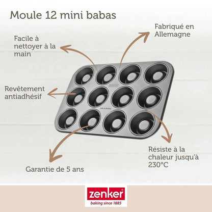 Bakvorm Rum Baba Zenker 12 Stuks | Mini Savarins | RVS Teflon - Dahomy.nl