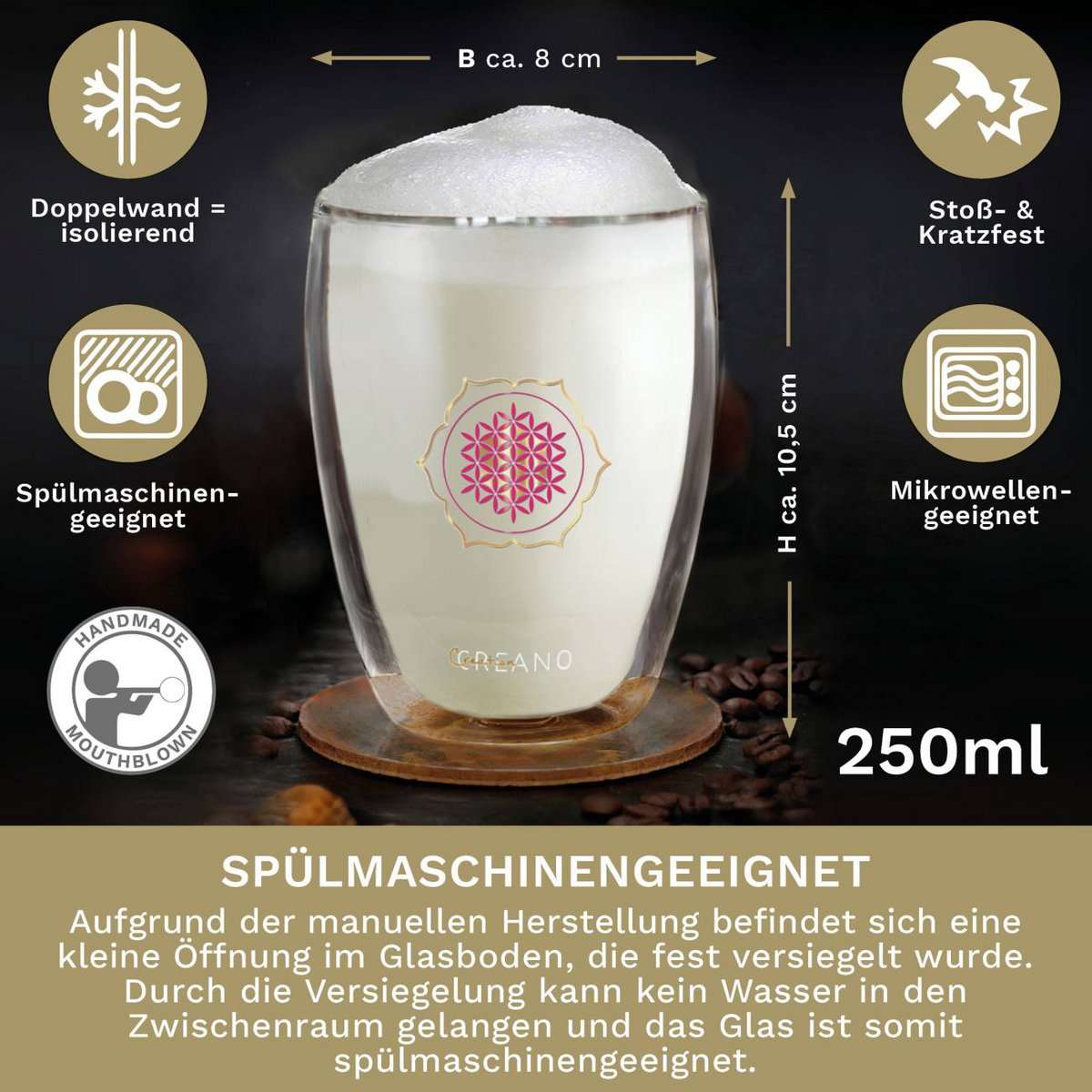Creano Flower of Life thermoglas 250ml zwevend drankje effect dubbelwandig
