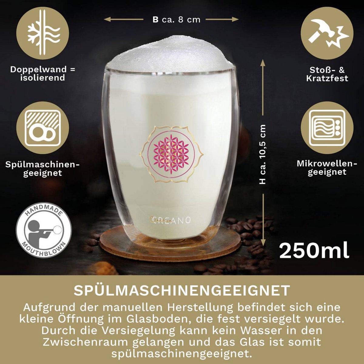 Creano Flower of Life thermoglas 250ml zwevend drankje effect dubbelwandig
