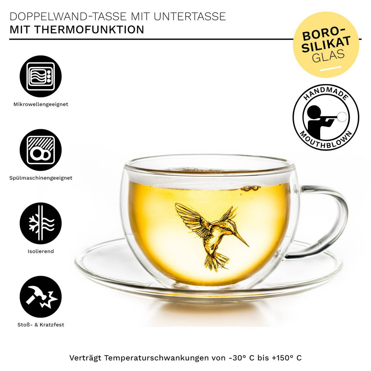 Dubbelwandige thermokop Creano met zwevend effect en kolibrie decoratie met productinformatie.
