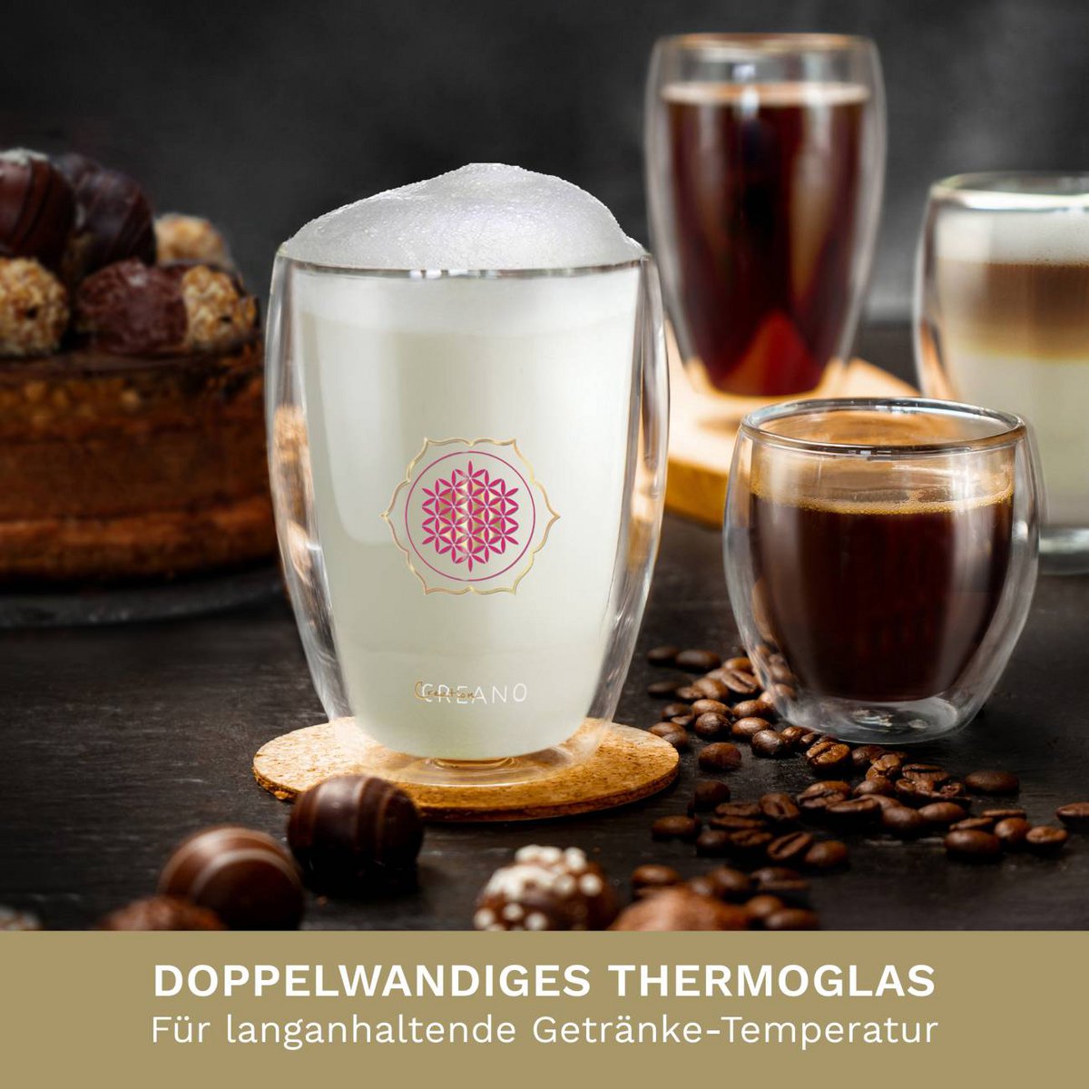 Thermoglas 250ml dubbelwandig voor latte macchiato cappuccino handgemaakt Creano
