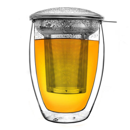 Creano theeglas 400ml dubbelwandig met roestvrijstalen filter en glazen deksel

