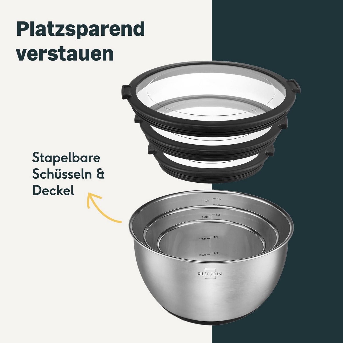 RVS kommen set 3 maten 1,4L 2,8L 4,7L stapelbaar met transparante deksels
