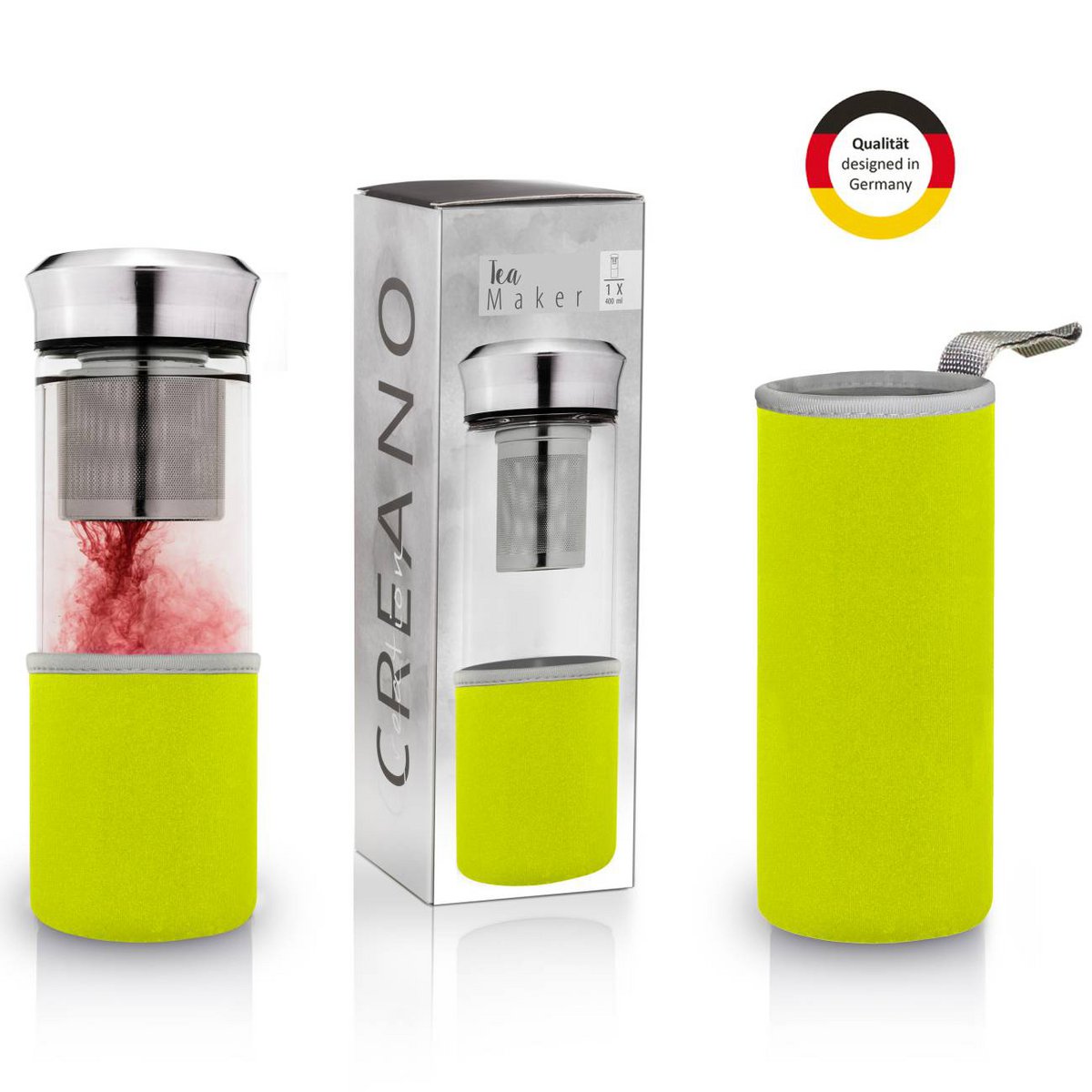 Creano groene Teamaker 400ml groen met roze fruitthee, inclusief verpakking en neopreen hoes
