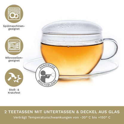 Creano theeglazen met handvat schotel en deksel van hittebestendig borosilicaatglas

