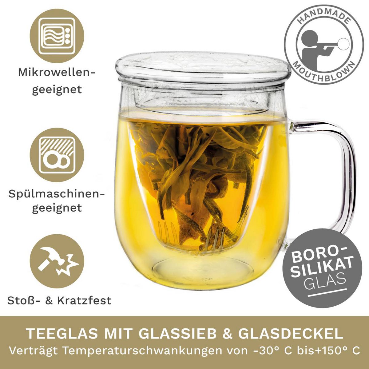 Theeglas 450ml met glazen zeef voor losse thee en praktisch handvat Creano
