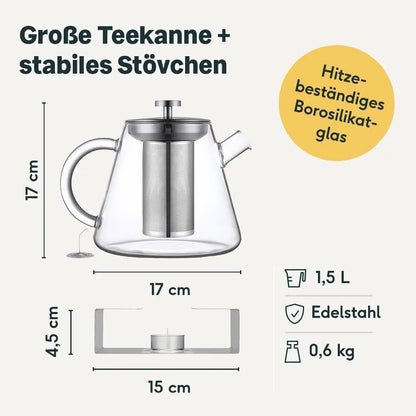Afmetingen van de Silberthal glazen theepot van 1,5 liter en de theewarmer
