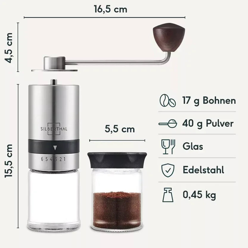 Handmatige Koffiemolen met Glazen Container – Silberthal Premium Koffiemaler met Keramisch Maalwerk - Dahomy.nl