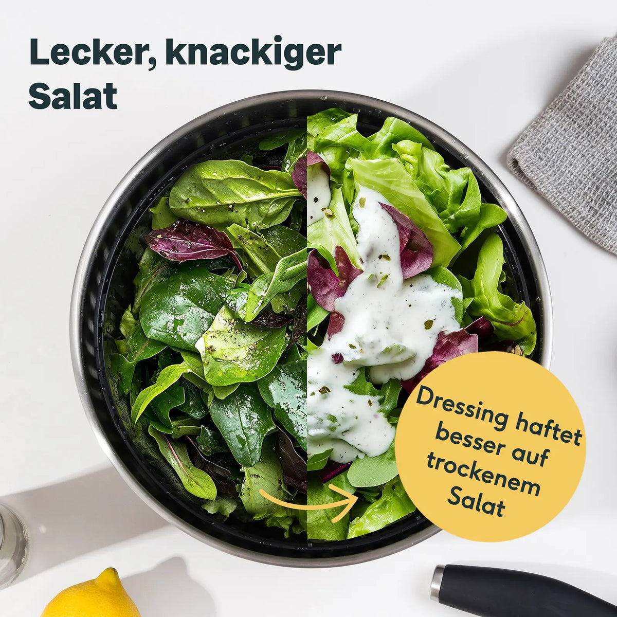 RVS kom van de Silberthal slacentrifuge gevuld met verse salade
