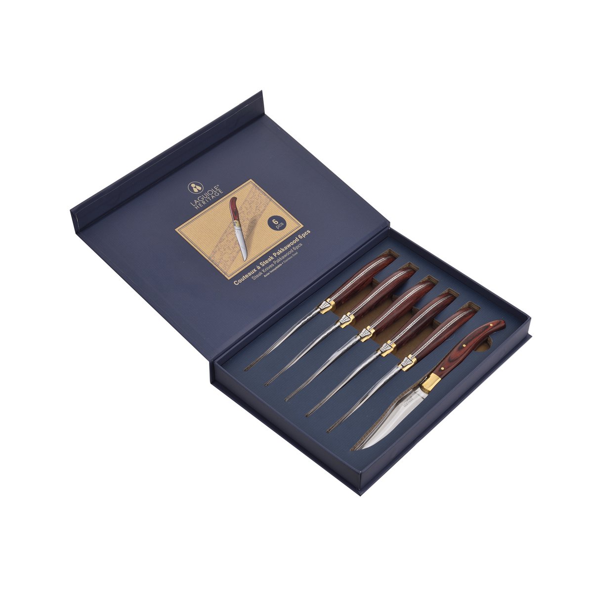 Laguiole tafelmessen set 6 stuks met palissanderhout handvat en RVS lemmet in opbergdoos
