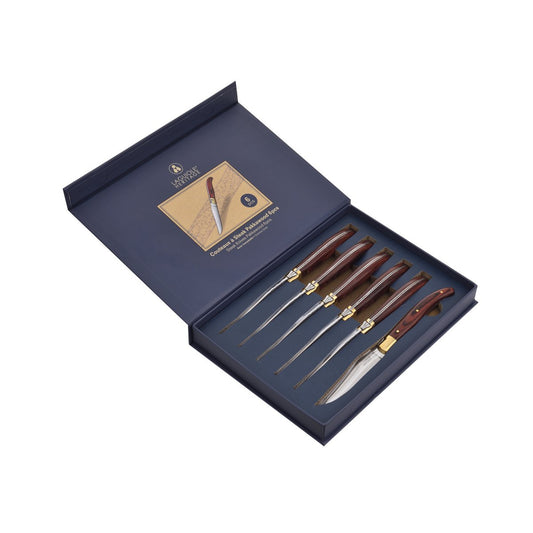 Laguiole tafelmessen set 6 stuks met palissanderhout handvat en RVS lemmet in opbergdoos

