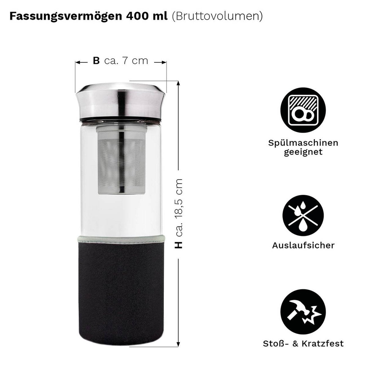 Creano Teamaker glazen theebeker met productinformatie en gebruiksinstructies

