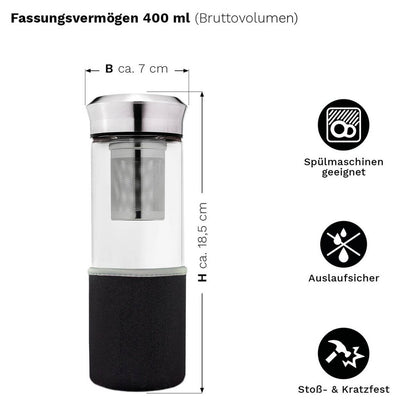 Creano Teamaker glazen theebeker met productinformatie en gebruiksinstructies
