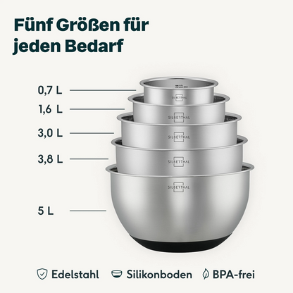 Vijf stapelbare Silberthal RVS kommen van 0,7, 1,4, 3,6, 3,6 en 5 liter