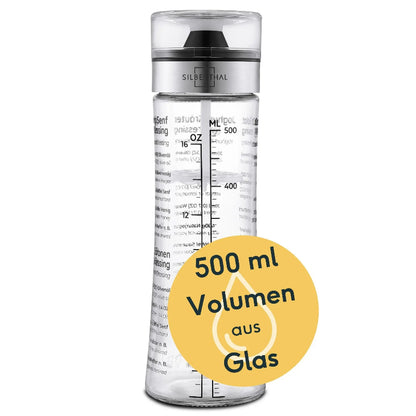 Silberthal dressingmixer van glas met maatverdeling, RVS ring en een inhoud van 500 ml.