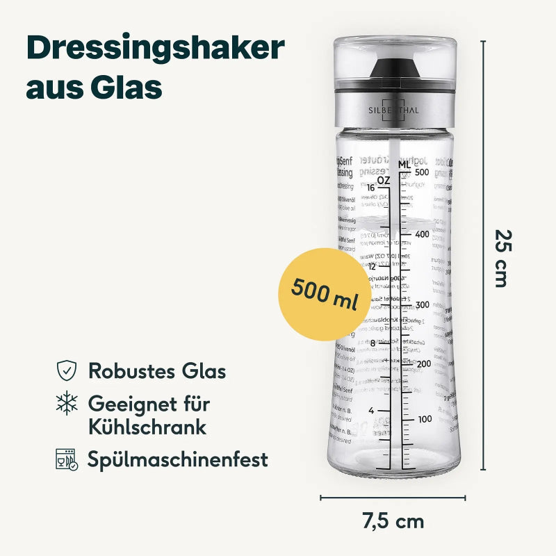 Productoverzicht van de Silberthal glazen dressingmixer met afmetingen en een inhoud van 500 ml.