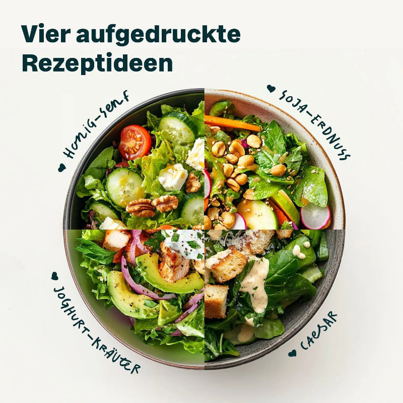 Salade met vier receptideeën die op de Silberthal dressingmixer zijn afgedrukt.
